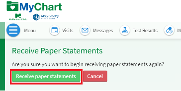 A screenshot of a demo MyChart account - highlighting the 'Receive paper statements' button