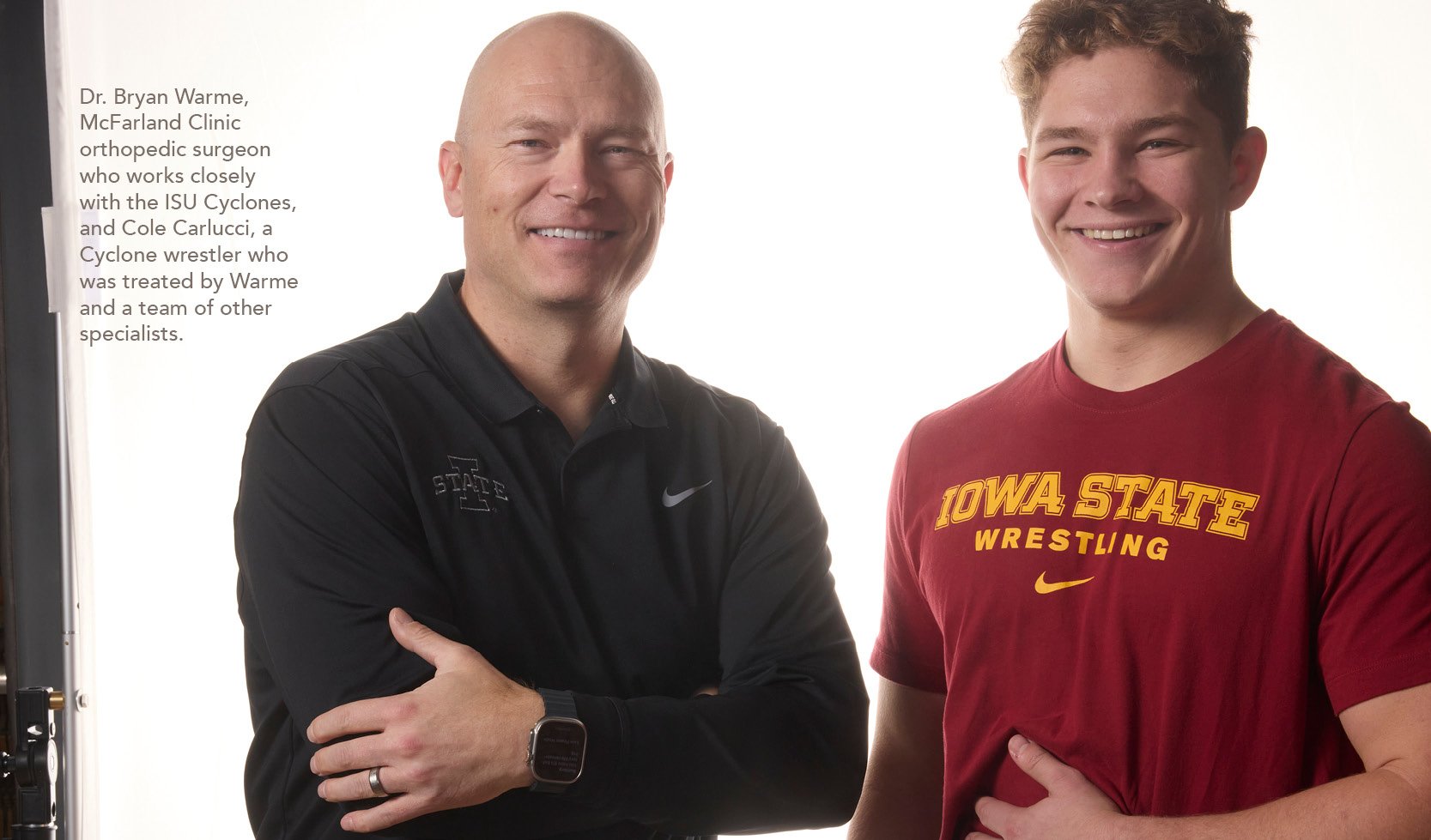 Dr. Bryan Warme, McFarland Clinic orthopedic surgeon who works closely with the ISU Cyclones, and Cole Carlucci, a Cyclone wrestler who was treated by Warme and a team of other specialists.