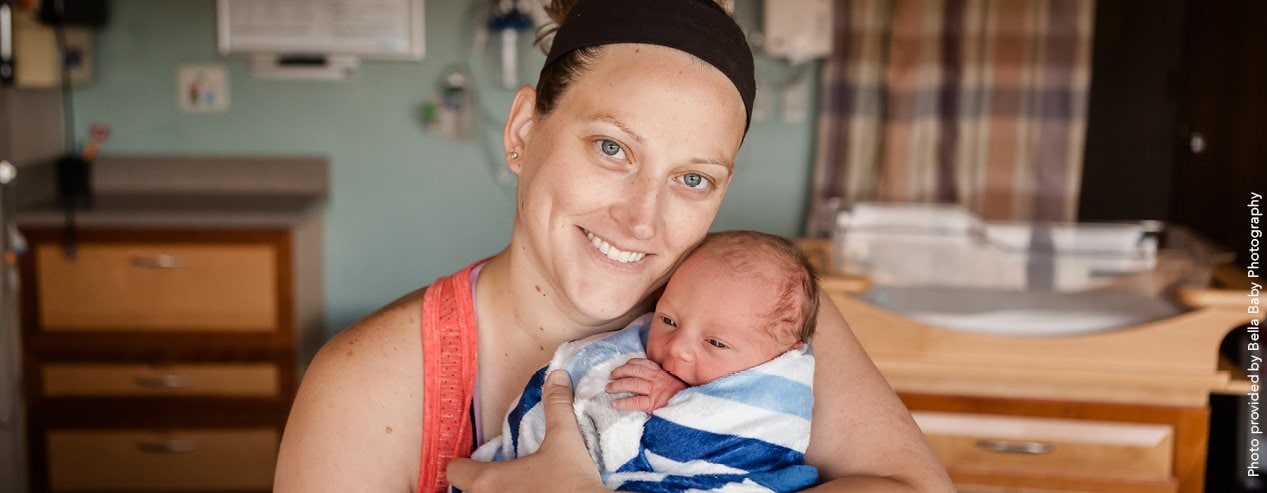 Health Connect Summer 2019 Comfort Menu - Kirstie Hassebrock with her newborn son, Grayson. She made use of a new comfort menu while in labor 
on Birthways.