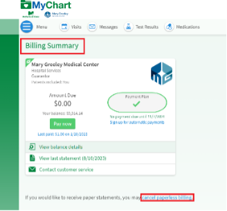 A screenshot of a demo MyChart account - highlighting the Billing Summary and where to click 'Cancel Paperless Billing'